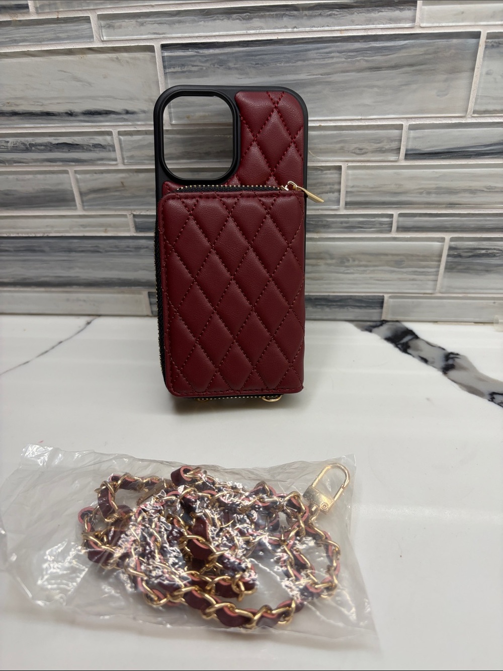 Quilted Burgundy Wallet Phone Case with Detachable Chain Strap